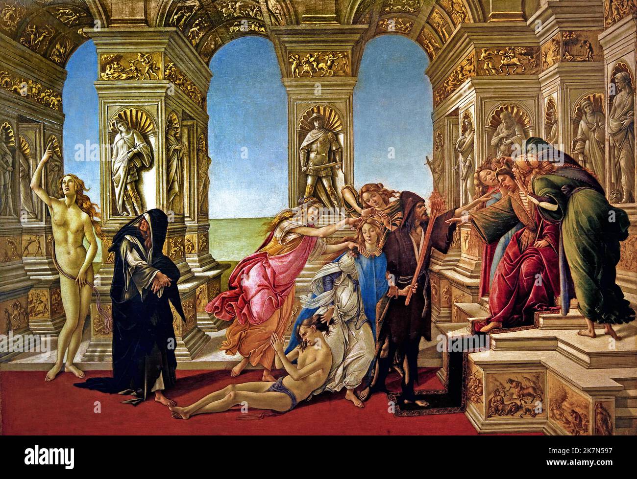 The Calumny of Apelles panel painting in tempera by Sandro Botticelli 1445-1510 Italian Renaissance painter Florence, Italy. ( Figures are either personifications of vices or virtues, or in the case of the king and victim, of the roles of the powerful and the powerless, ) Stock Photo