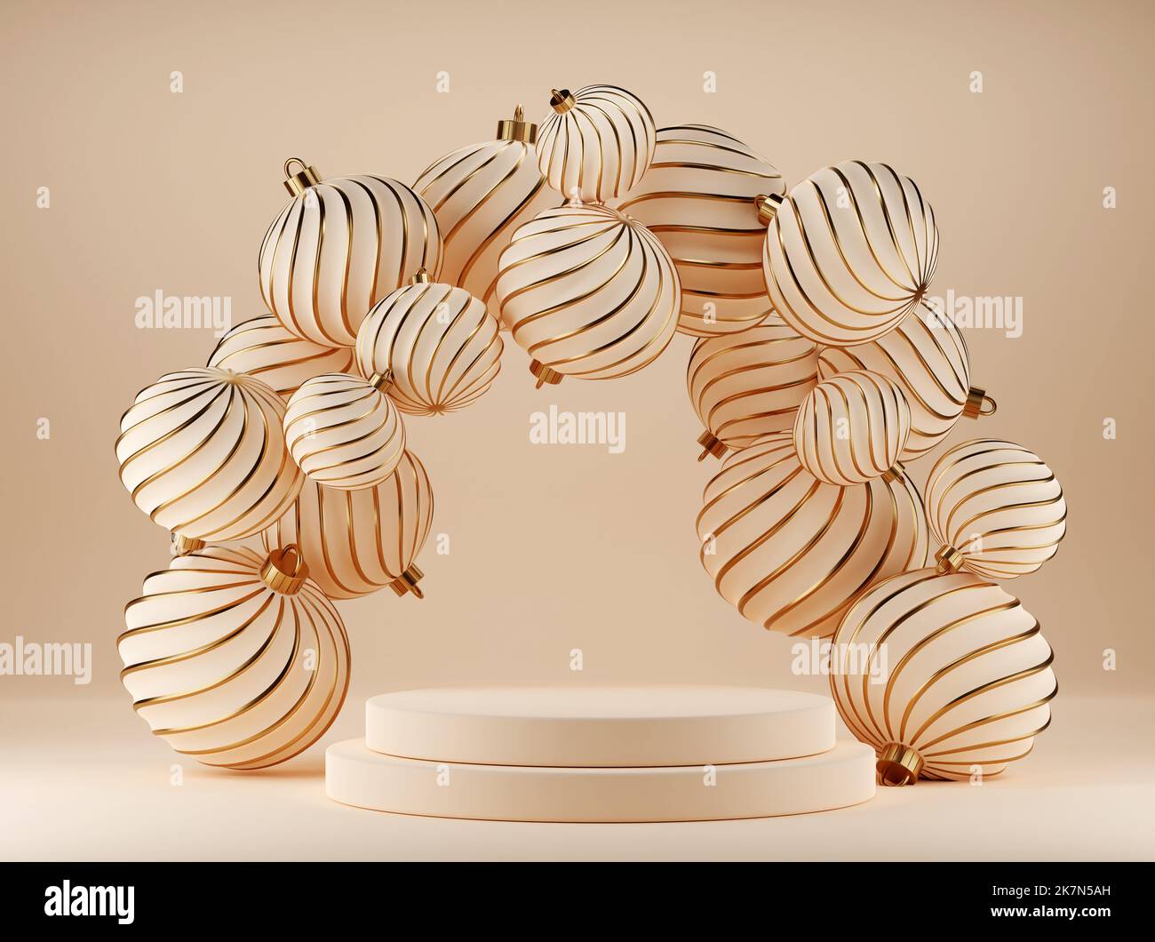 3d Christmas beige background with podium and decorative wreath frame ...