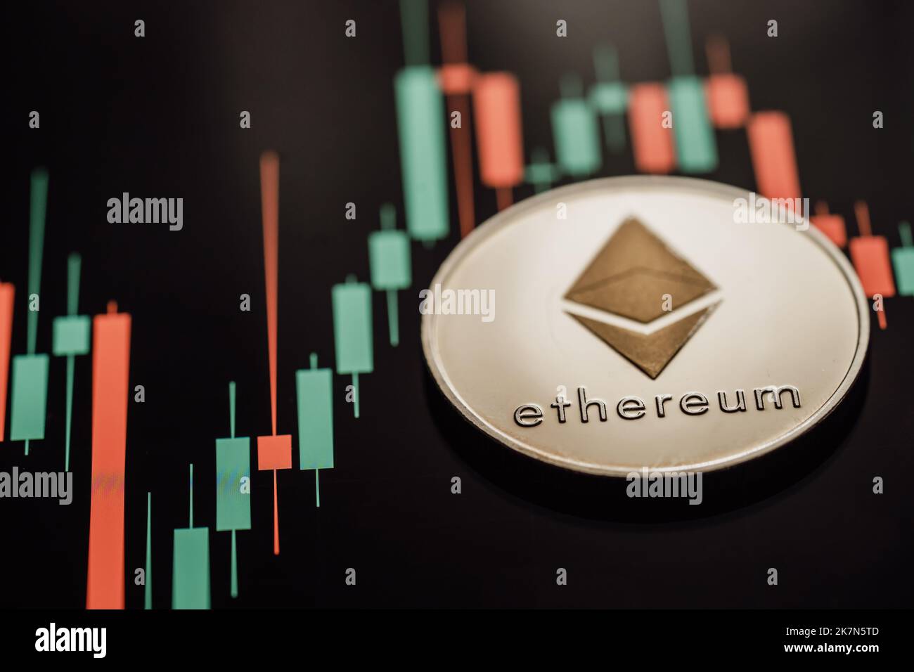 Silver Ethereum cryptocurrency with candle stick graph chart and