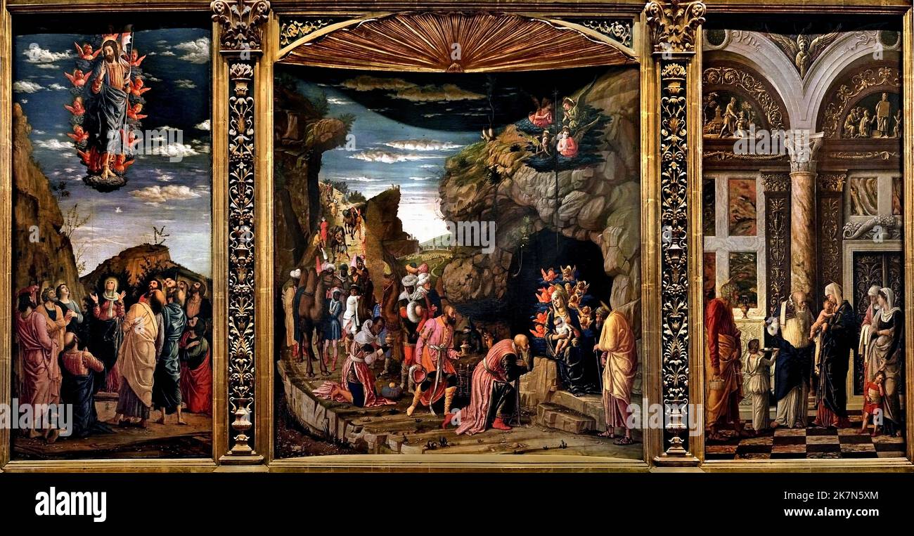 Adoration of the Magi or Uffizi Triptych 1460. Three subjects are the Ascension of Christ ,Circumcision of Christ  , Adoration of the Magi the largest and central panel  (76 by 76.5 cm) , Andrea Mantegna,1431 Isola di Carturo, Venetian Republic - September 13 1506, ( Florence, Italy.) Stock Photo