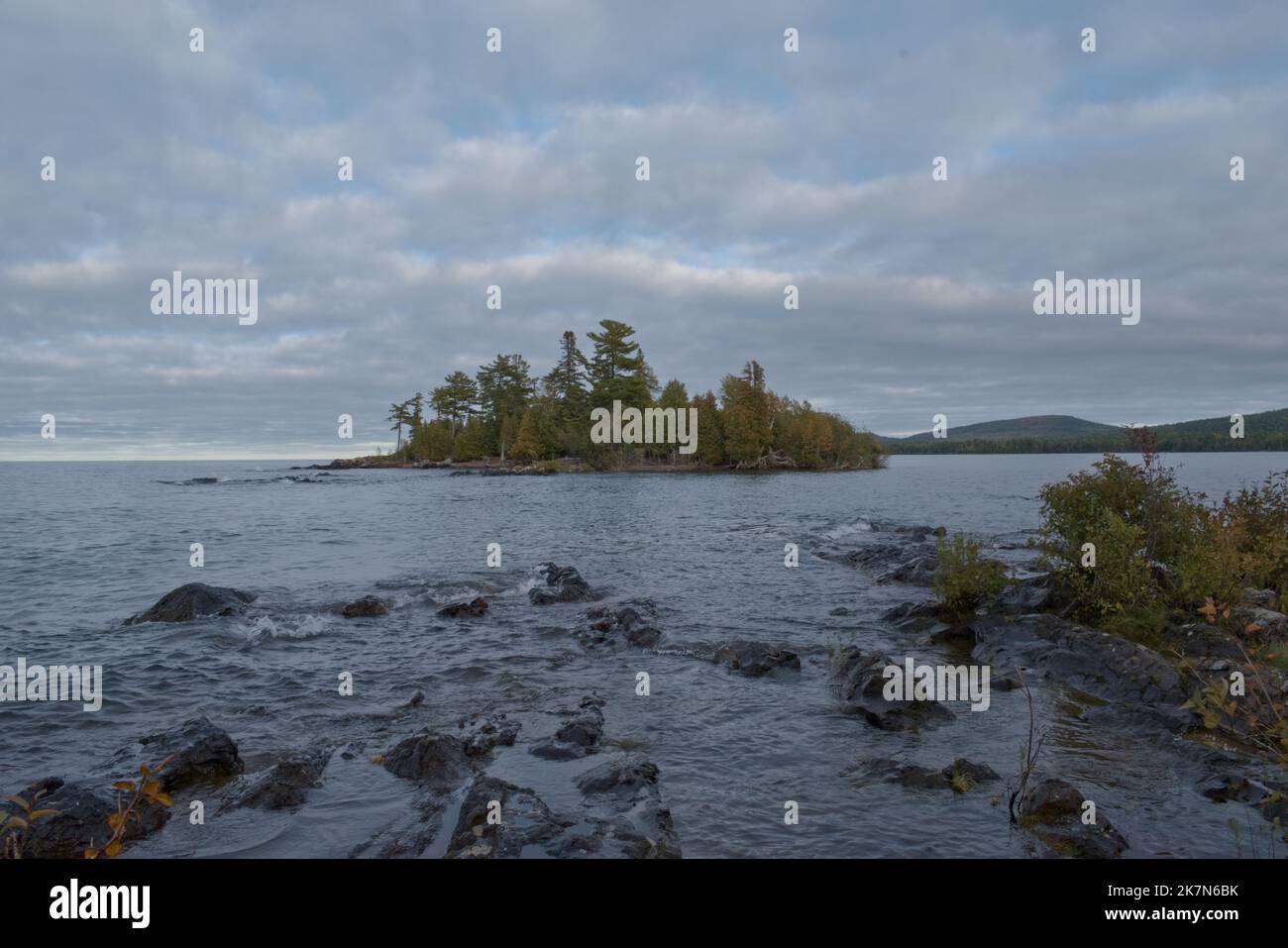 A Hunters Point park with a Copper harbor view, gloomy, cloudy sky background, Michigan Stock Photo