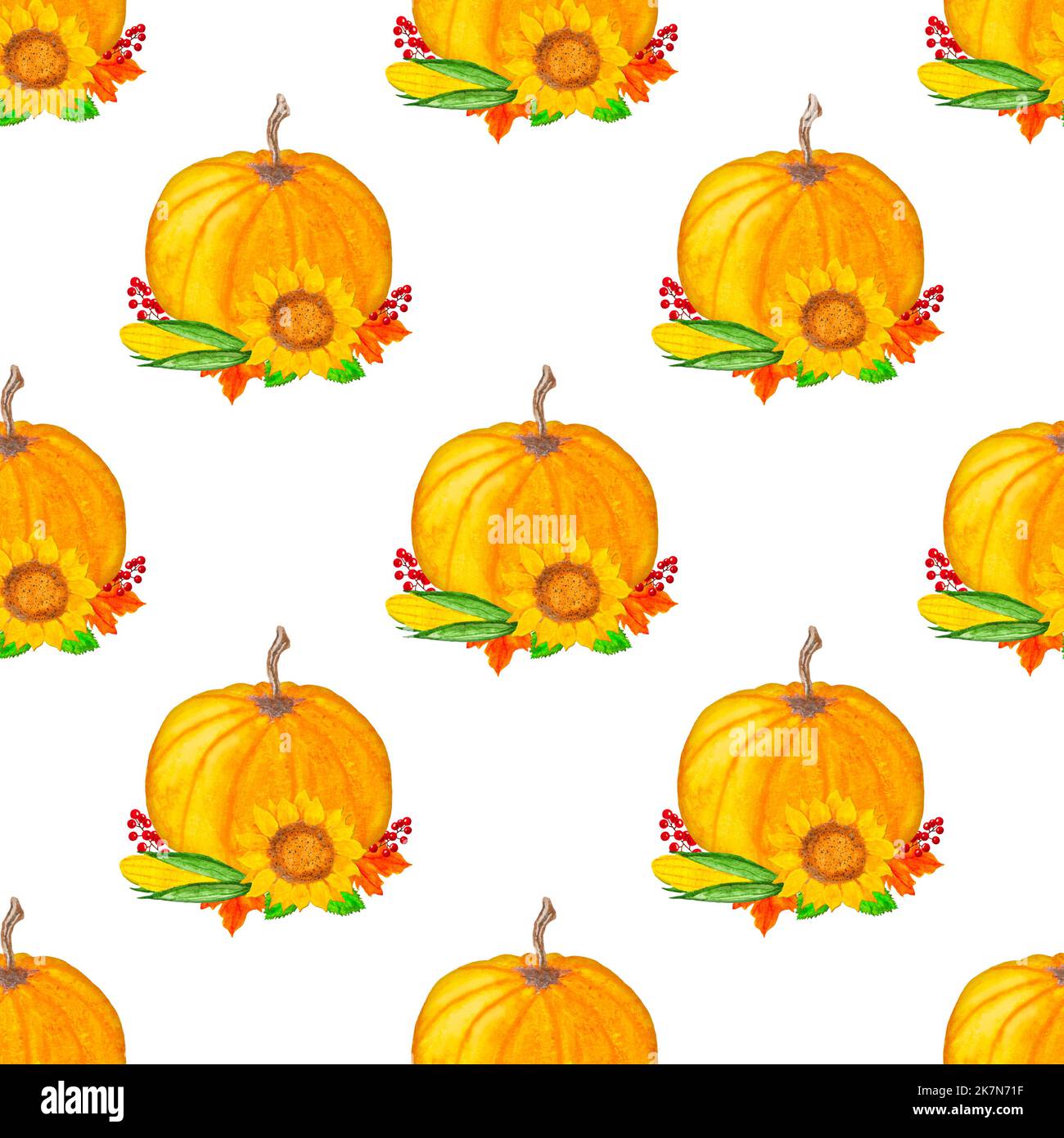 Thanksgiving day background, seamless background with watercolor pumpkins, autumn leaves, berries,watercolor raster Thanksgiving pattern Stock Photo