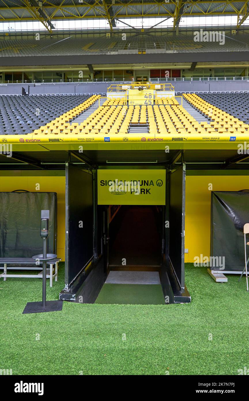 Exit on to the grounds at Signal Iduna Arena - the official playground of FC Borussia Dortmund Stock Photo