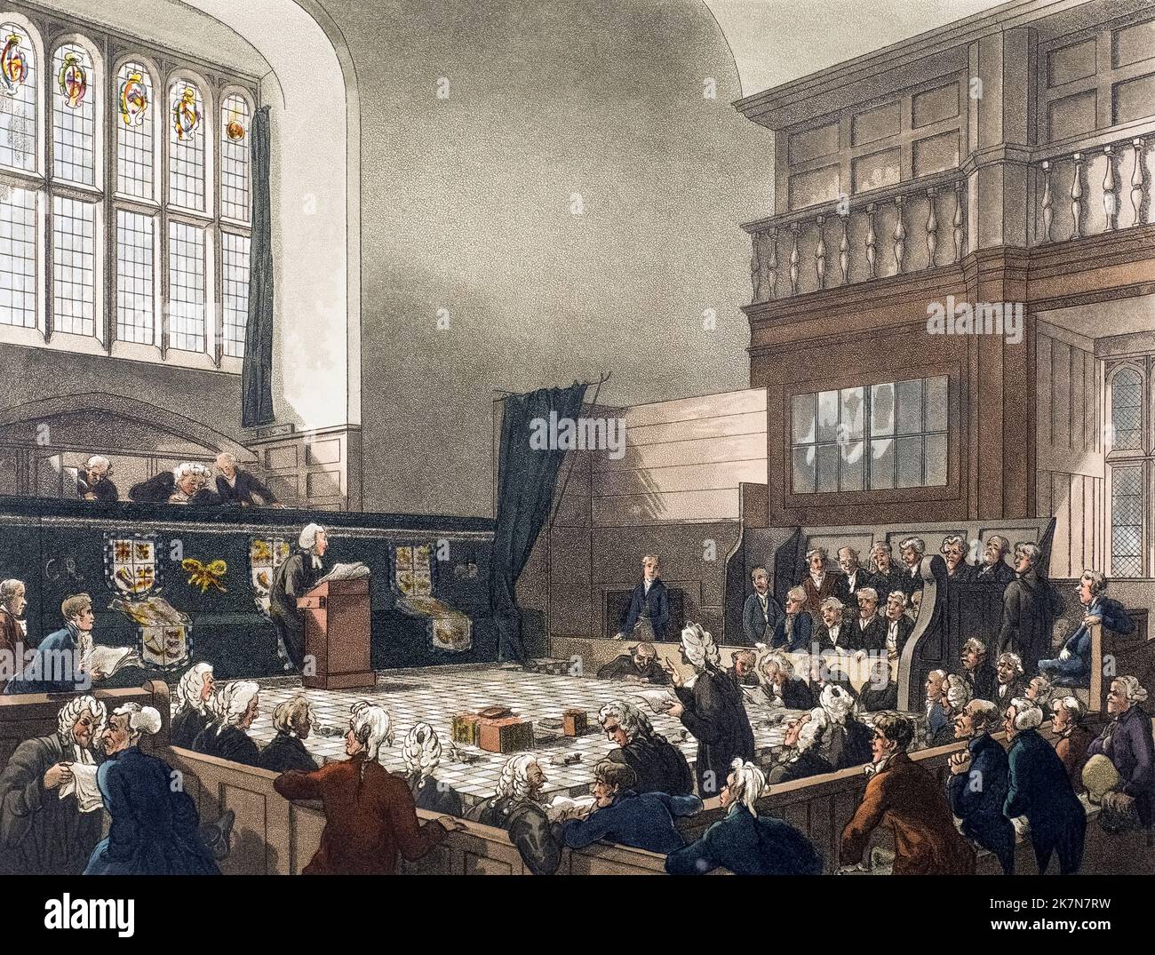 Court of Exchequer, Westminster Hall.  Circa 1808.  After a work by August Pugin and Thomas Rowlandson in the Microcosm of London, published in three volumes between 1808 and 1810 by Rudolph Ackermann.   Pugin was the artist responsible for the architectural elements in the Microcosm pictures; Thomas Rowlandson was hired to add the lively human figures. Stock Photo
