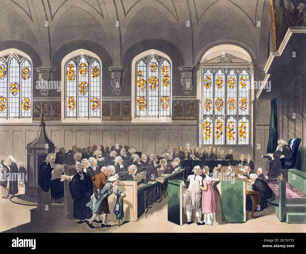 Court of Chancery, Lincoln's Inn Hall.  Circa 1808.  After a work by August Pugin and Thomas Rowlandson in the Microcosm of London, published in three volumes between 1808 and 1810 by Rudolph Ackermann.   Pugin was the artist responsible for the architectural elements in the Microcosm pictures; Thomas Rowlandson was hired to add the lively human figures. Stock Photo