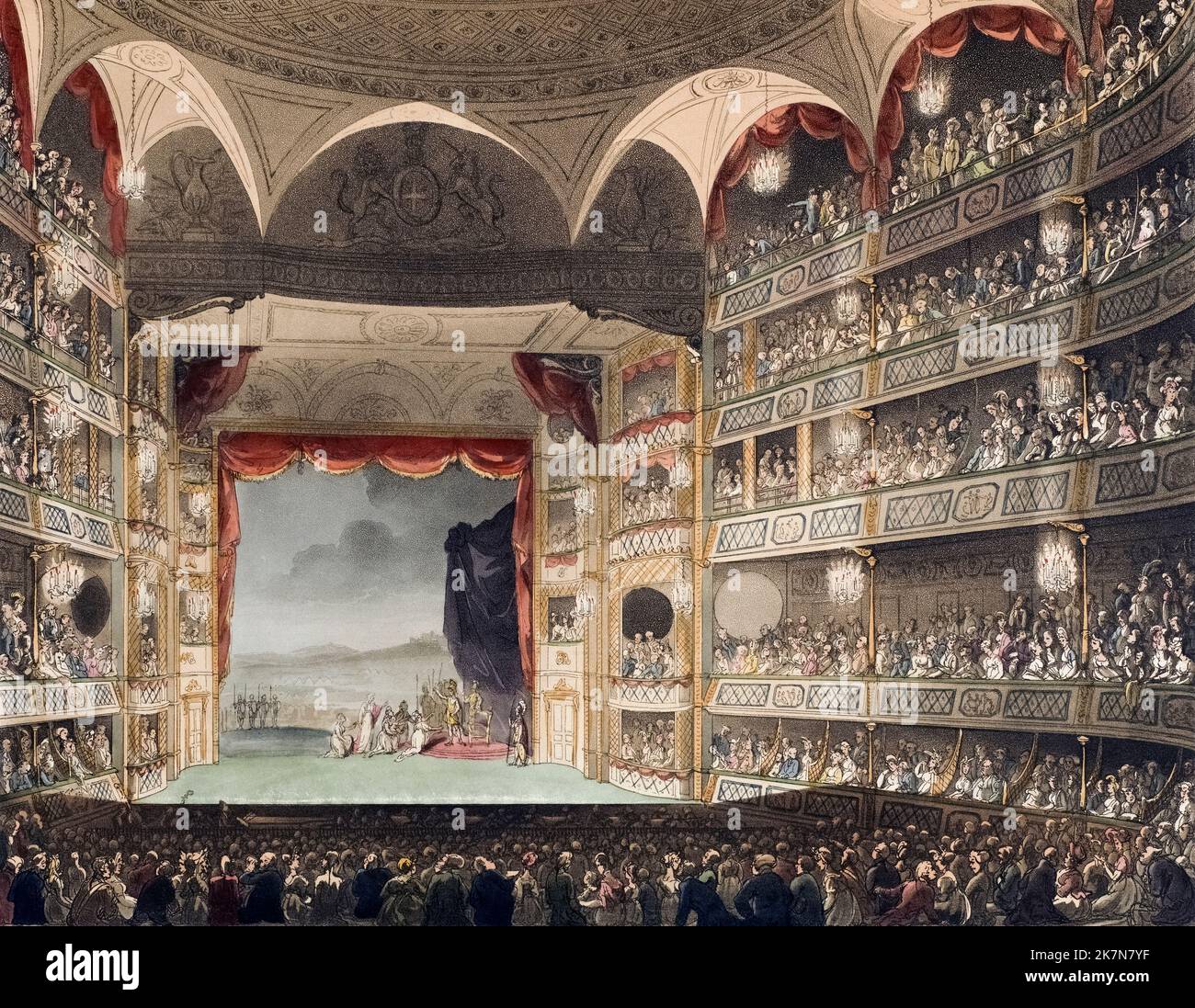 Drury Lane Theatre.  Circa 1808.  After a work by August Pugin and Thomas Rowlandson in the Microcosm of London, published in three volumes between 1808 and 1810 by Rudolph Ackermann.   Pugin was the artist responsible for the architectural elements in the Microcosm pictures; Thomas Rowlandson was hired to add the lively human figures. Stock Photo