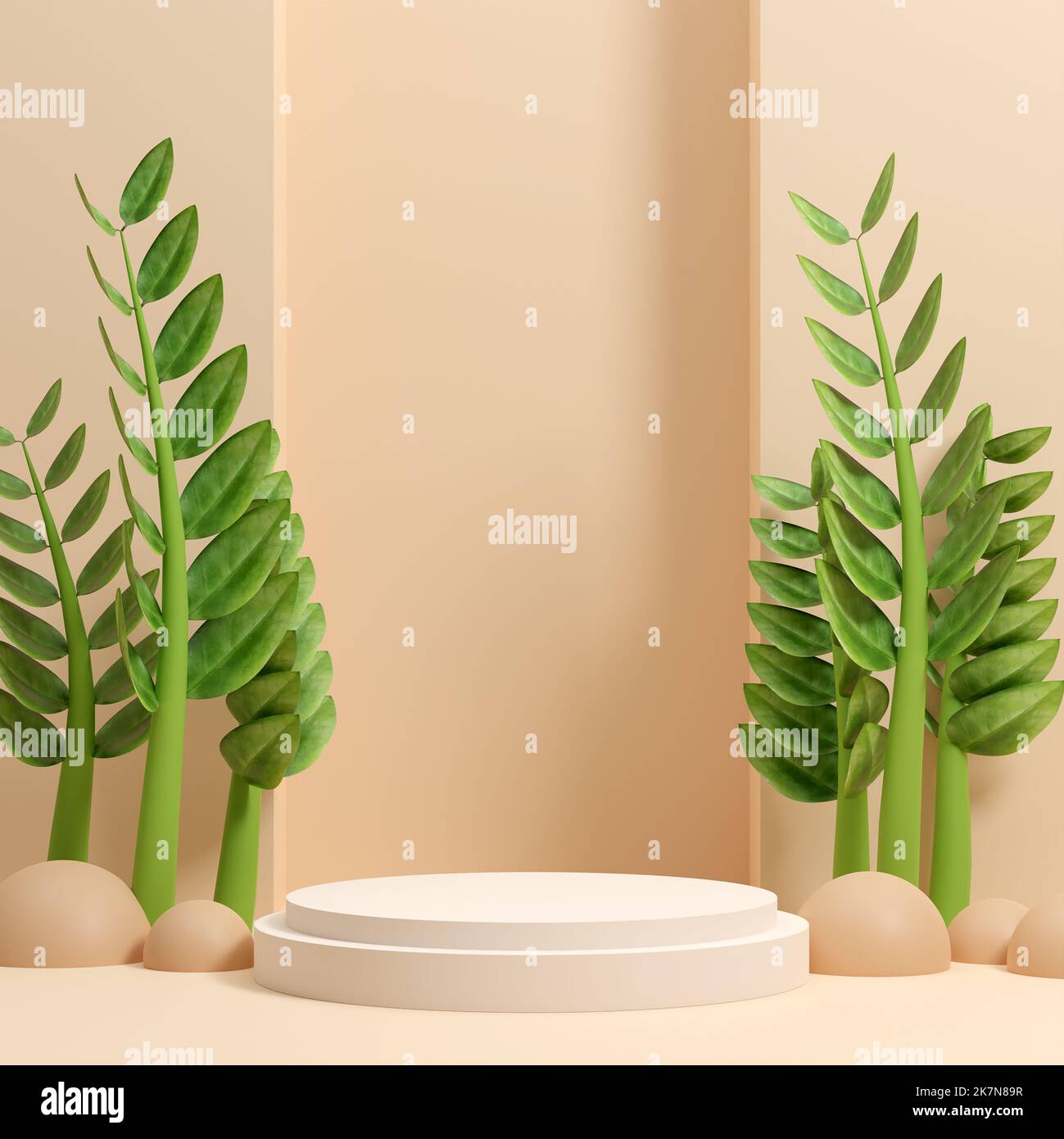 A 3D rendering of green Emerald palm branches on a pastel peach