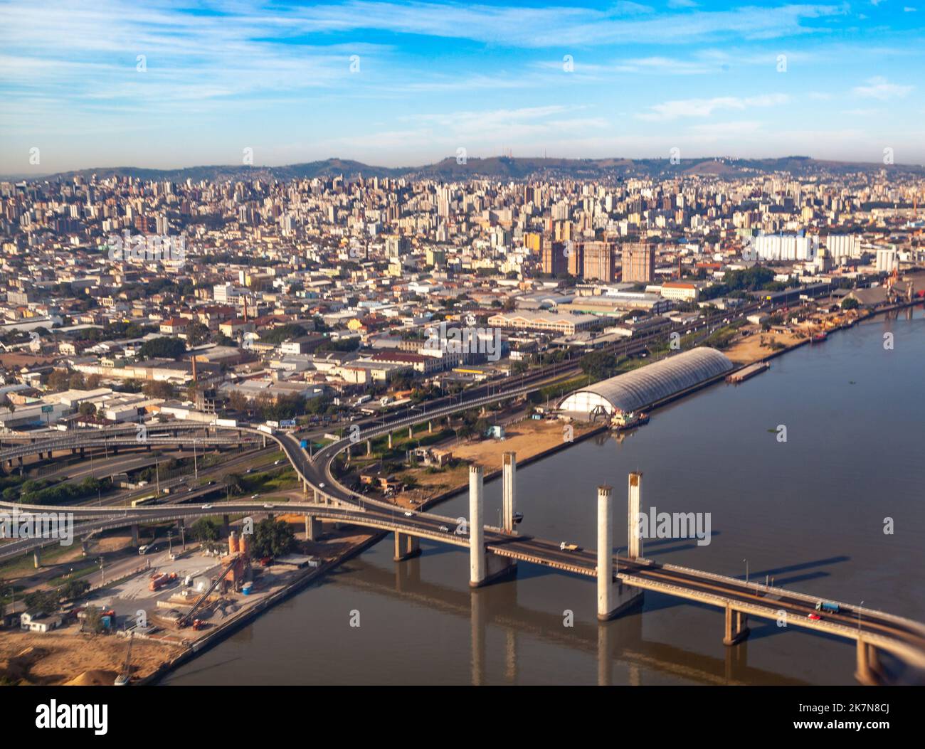 An aerial view of the suspension bridge in the City of Porto Alegre from the air, Rio Grande do Sul Stock Photo