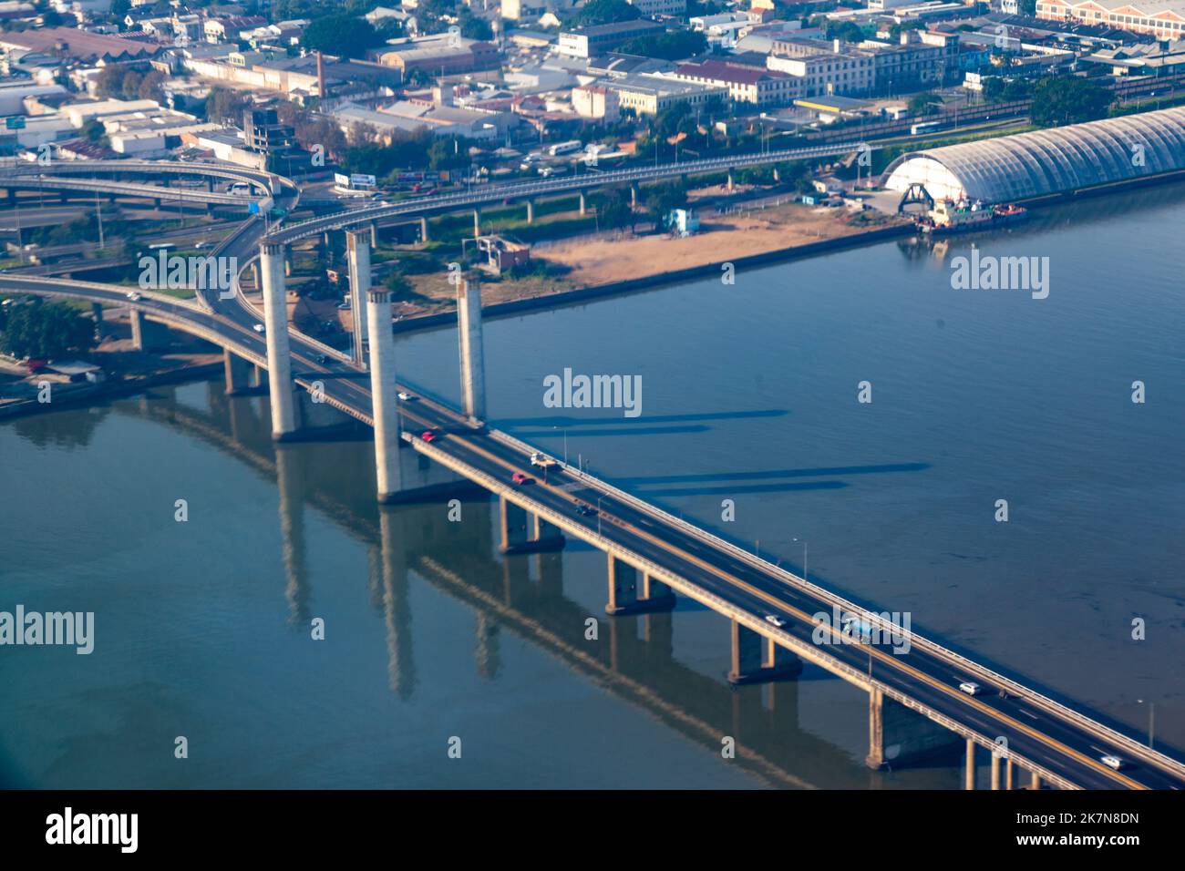 An aerial view of the suspension bridge in the City of Porto Alegre from the air, Rio Grande do Sul, Brazil Stock Photo