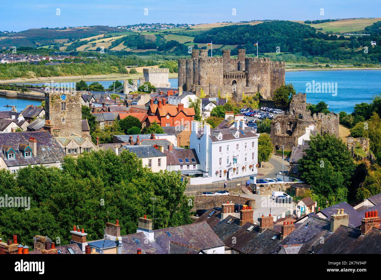Historical Conwy town and castle, North Wales, United Kingdom, is one of the most popular welsh tourist destinations Stock Photo