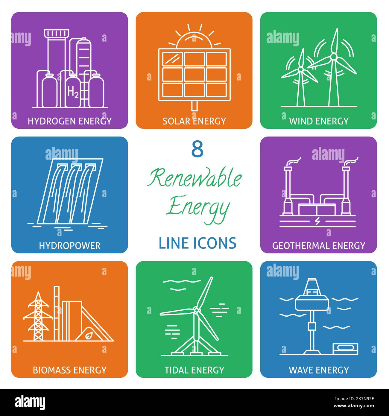 Collection of renewable energy icons in thin line style. Different
