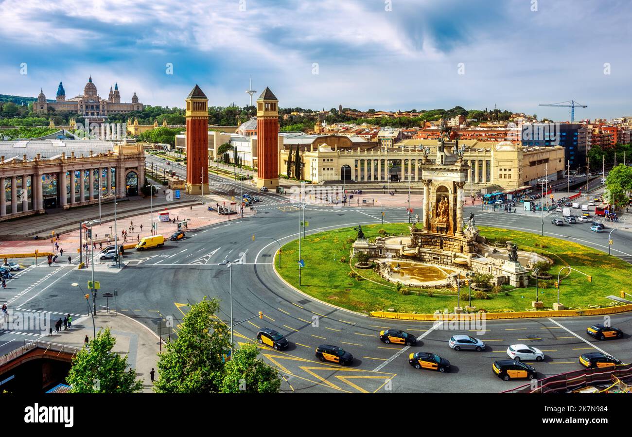 Placa d'Espanya square in Barcelona city, Spain, with the Venetian Towers, the National Museum of Art and Montjuic hill. The square is the main touris Stock Photo