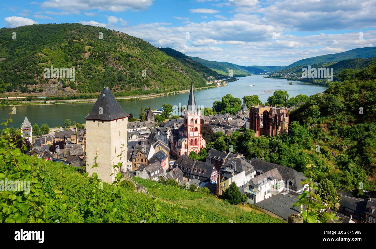 Panoramic view of Bacharach am Rhein Old town, Germany, famous for its vineyard hills and romantic location in the Rhine river valley Stock Photo