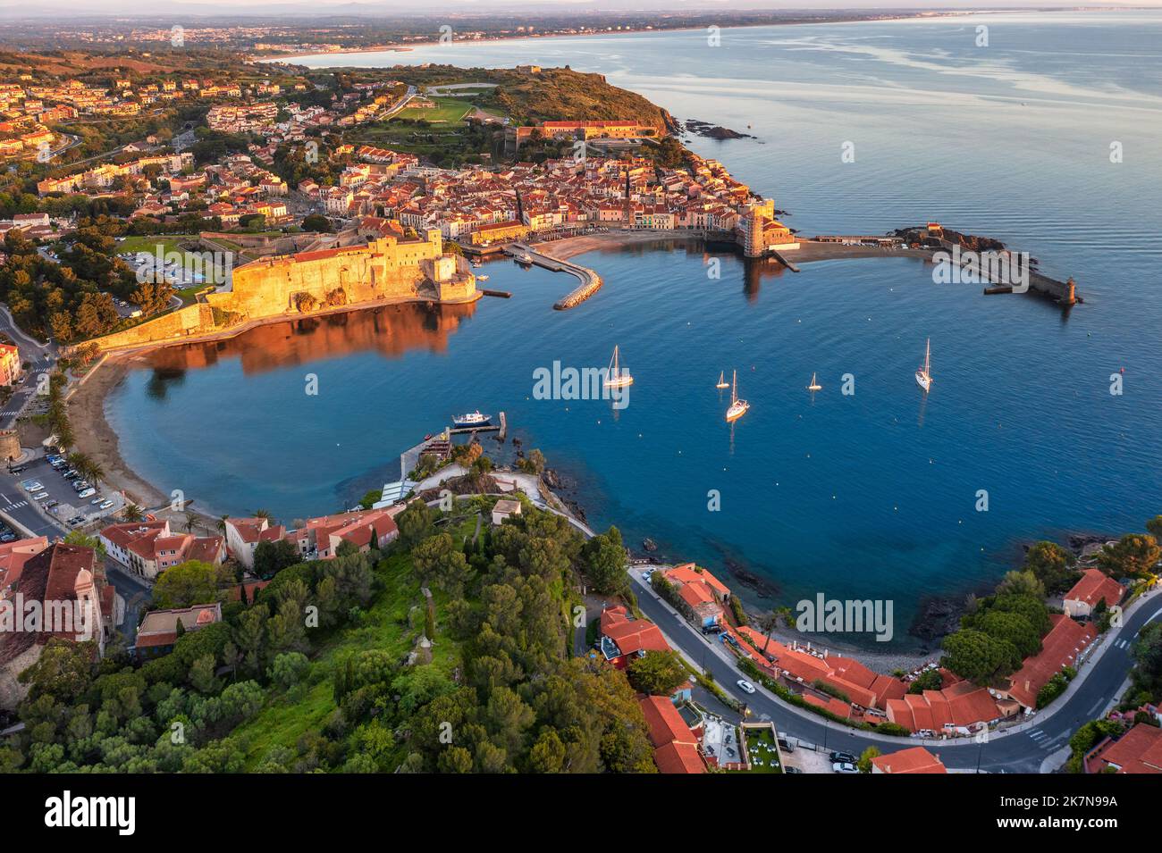 Collioure, a popular resort town on Vermilion Coast of Mediterranean Sea, France, aerial view of the historical Old town, the Castle and marina Stock Photo