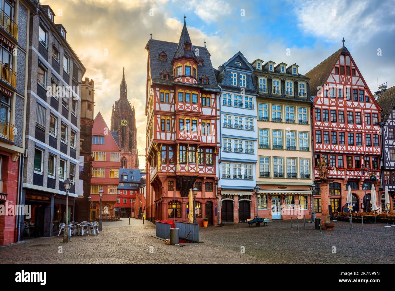 Gothic Frankfurt Cathedral and colorful half-timbered houses on historical Roemerberg square in Frankfurt am Main city center, Germany Stock Photo