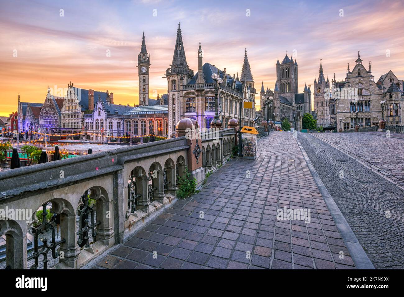 The medieval Old town of historical Ghent city in dramatical sunrise light, Belgium Stock Photo