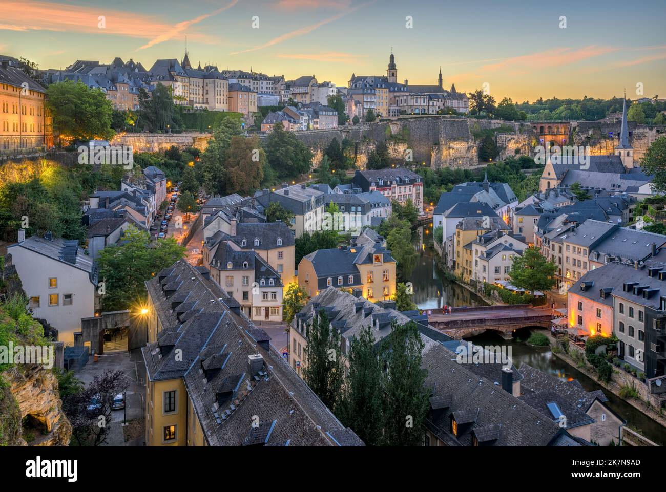 Luxembourg city, the capital of Grand Duchy of Luxembourg, view of the Old Town and Grund quarter on dramatic sunset Stock Photo