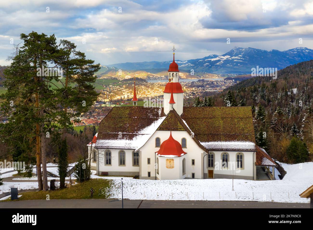 Hergiswald church in swiss Alps mountains, high above Lucerne city, is an important historical pilgrimage destination in Switzerland Stock Photo