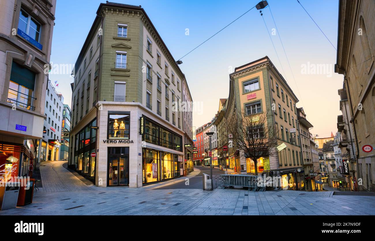 Lausanne, Switzerland - 13 April 2021: The shopping street in Lausanne pedestrian city center, Switzerland Stock Photo