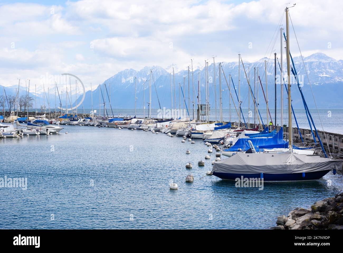 Yacht port of Lausanne city on Lake Geneva in the swiss Alps mountains, Switzerland Stock Photo