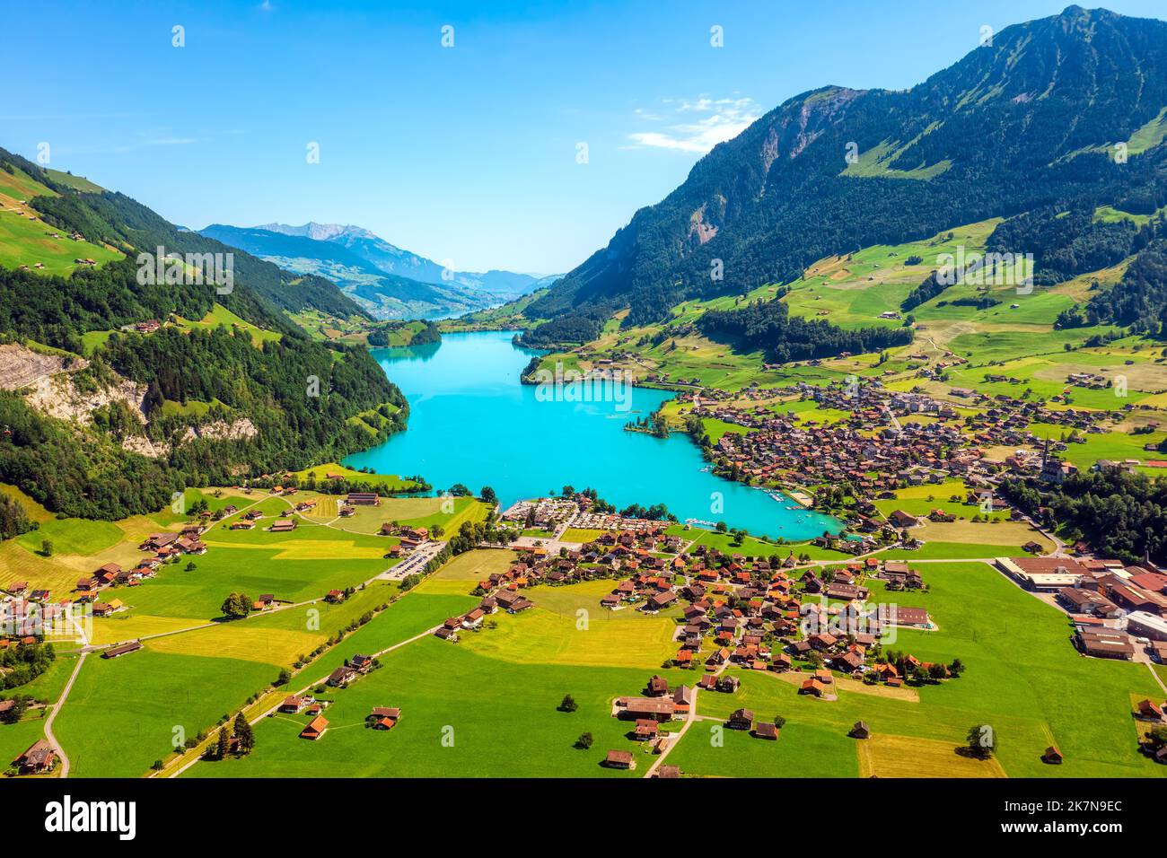 Lungern village on picturesque Lake Lungern, famous for its crystal