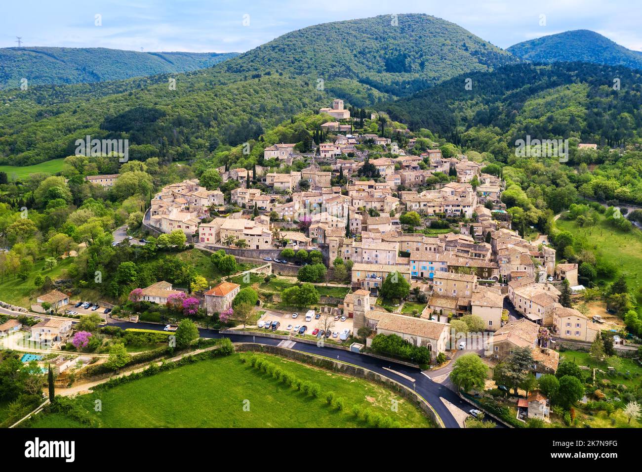 Aerial view of Mirmande, historical hilltop town in Drome department, France, is one of the most beautiful villages in France and a popular tourist de Stock Photo