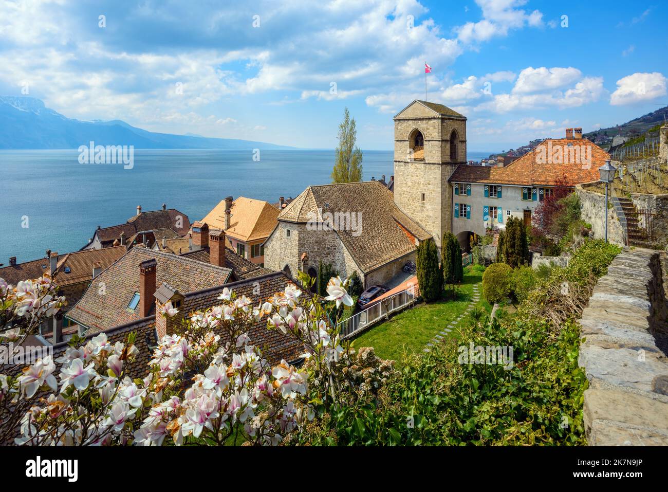 Picturesque Saint-Saphorin village on the shore of Lake Geneva in Lavaux wine region, Switzerland Stock Photo