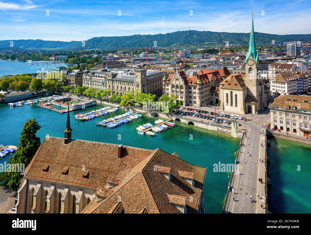 Zurich city's Old town, Fraumunster church, bridge over the Limmat river and Zurich lake, Switzerland Stock Photo