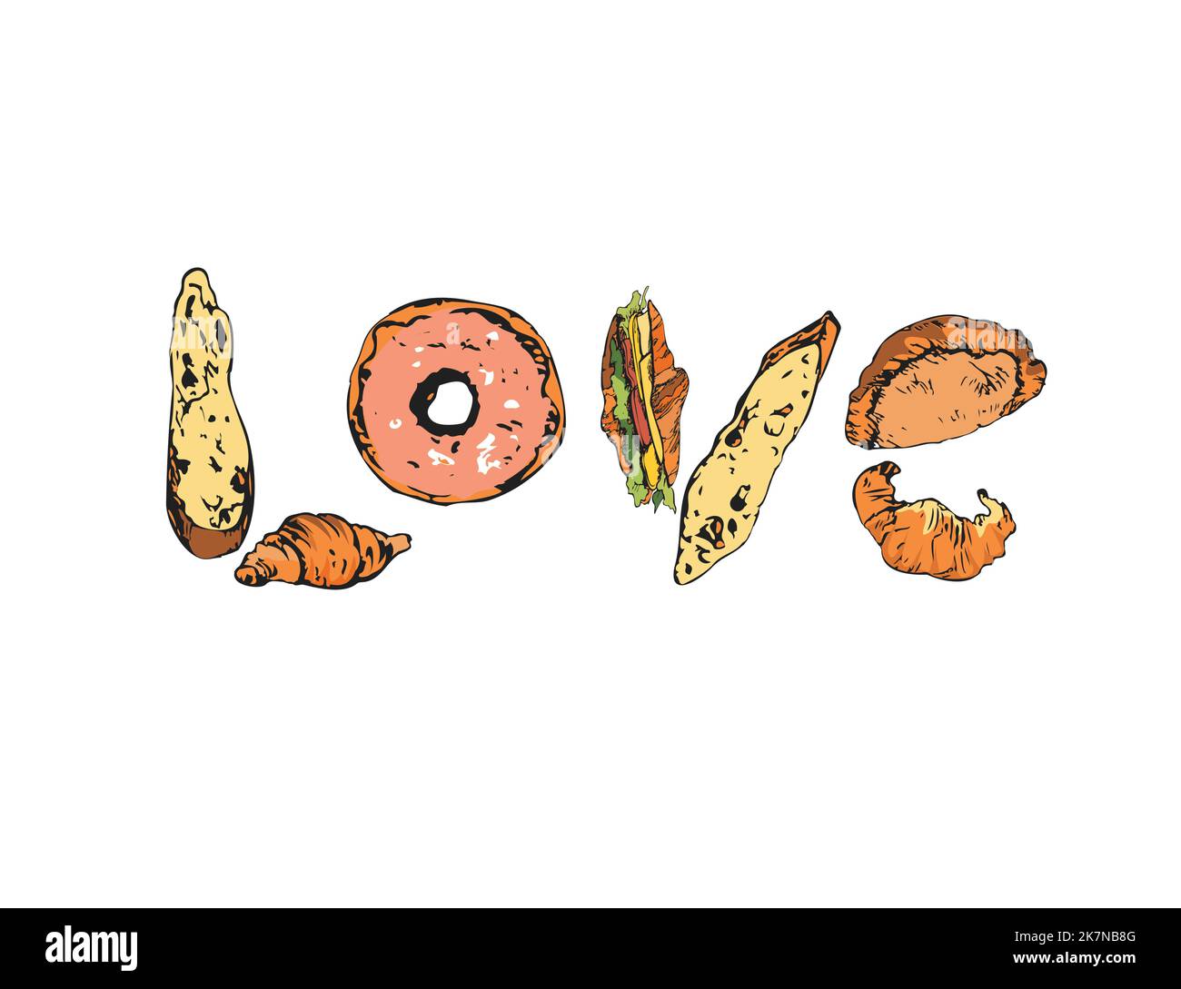Word Love made with baked items, pastry. Sketch dedicated to hobby