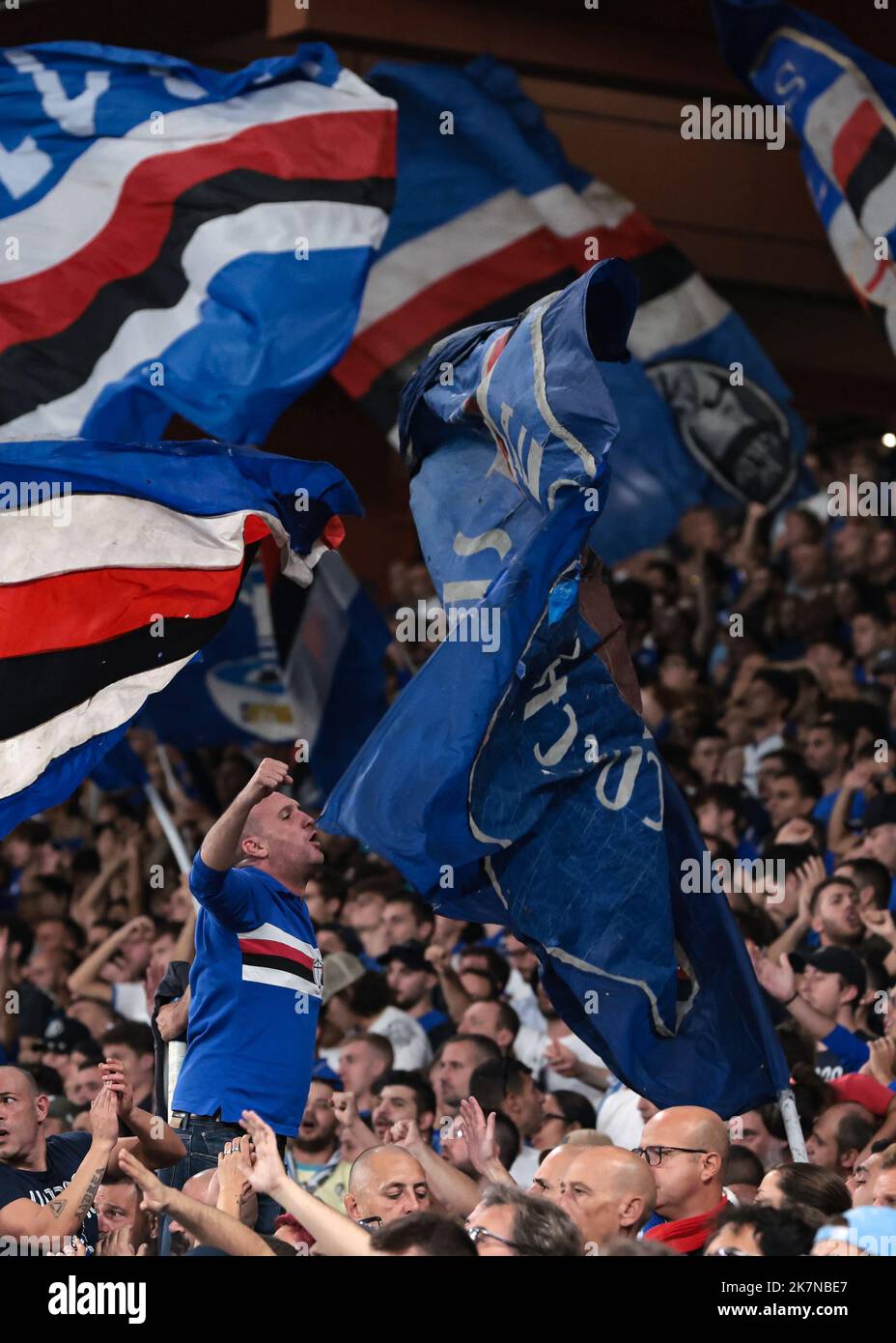 Genoa, Italy. 17th Oct, 2022. A UC Sampdoria fan encourages fellow supporters to sing during the Serie A match at Luigi Ferraris, Genoa. Picture credit should read: Jonathan Moscrop/Sportimage Credit: Sportimage/Alamy Live News Stock Photo