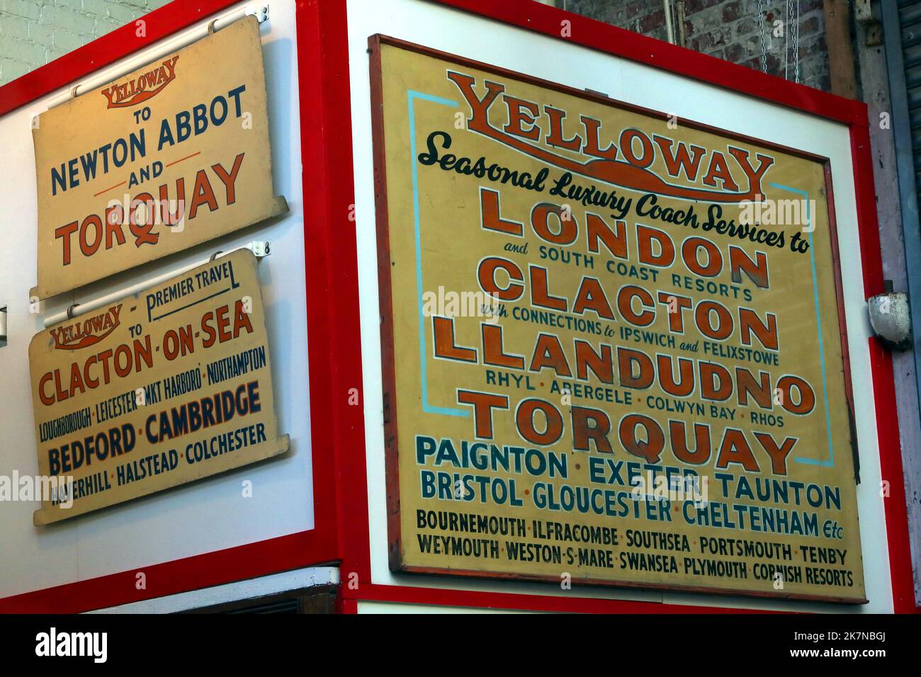Yelloway Coachways bus routes posters, to Torquay, Clacton-on-Sea, London, Llandudno, Torquay, Paignton, Taunton,Cheltenham, Cornish Resorts Stock Photo