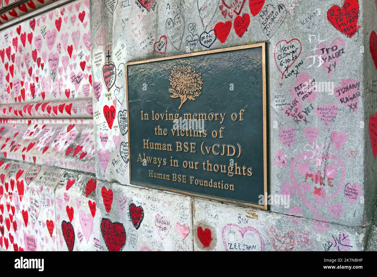 The National Human BSE vCJD Memorial surrounded by painted hearts beside St Thomas’ Hospital, Lambeth Palace Road, London, England, UK Stock Photo