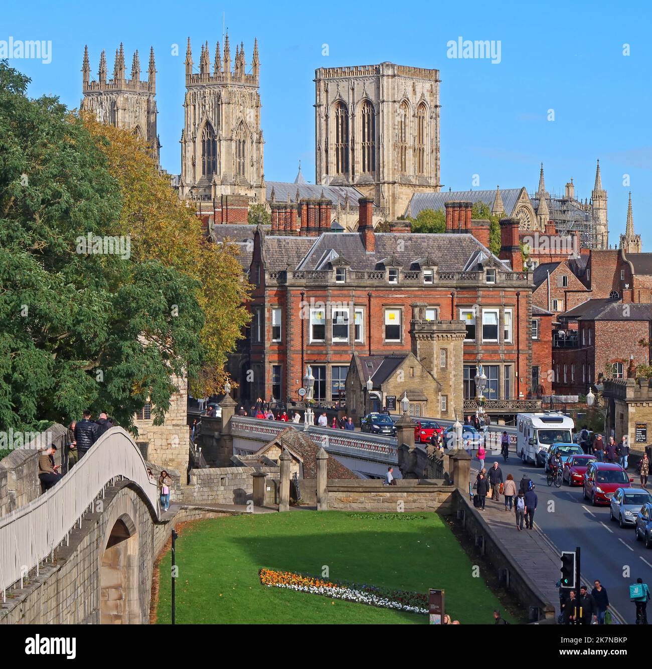 York Minster, cathedral, and metropolitical church of Saint Peter, wall and river seen from City of York, Yorkshire, England, UK, YO1 6GD Stock Photo