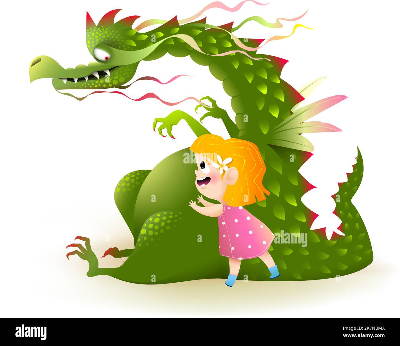 Little Girl Playing with Scary Dragon Kids Story Stock Vector