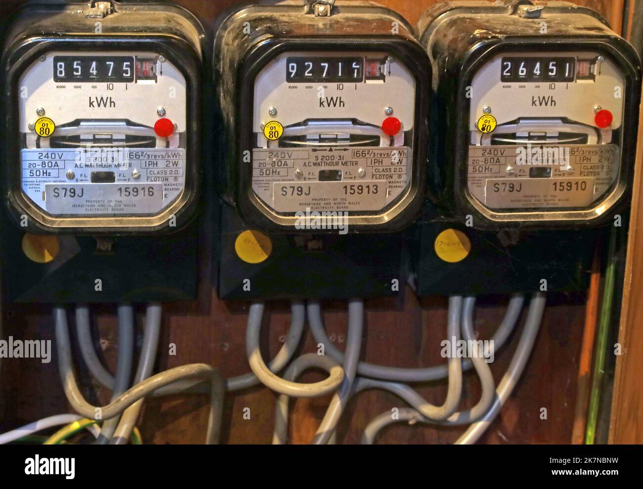 British electricity meters recording consumption, in a time of high inflation & fuel poverty in the UK Stock Photo