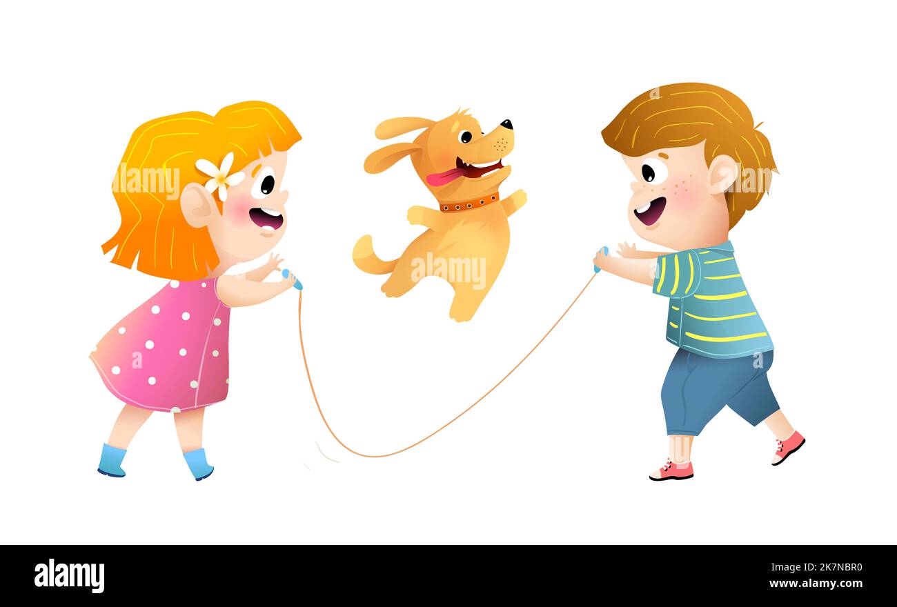 Happy Kids Boy and Girl Play Jumping Rope with Dog Stock Vector Image ...