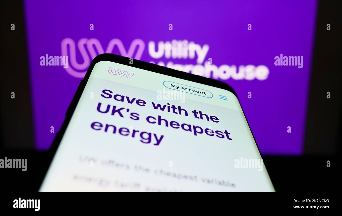 Mobile phone with website of British company Utility Warehouse (UW) on