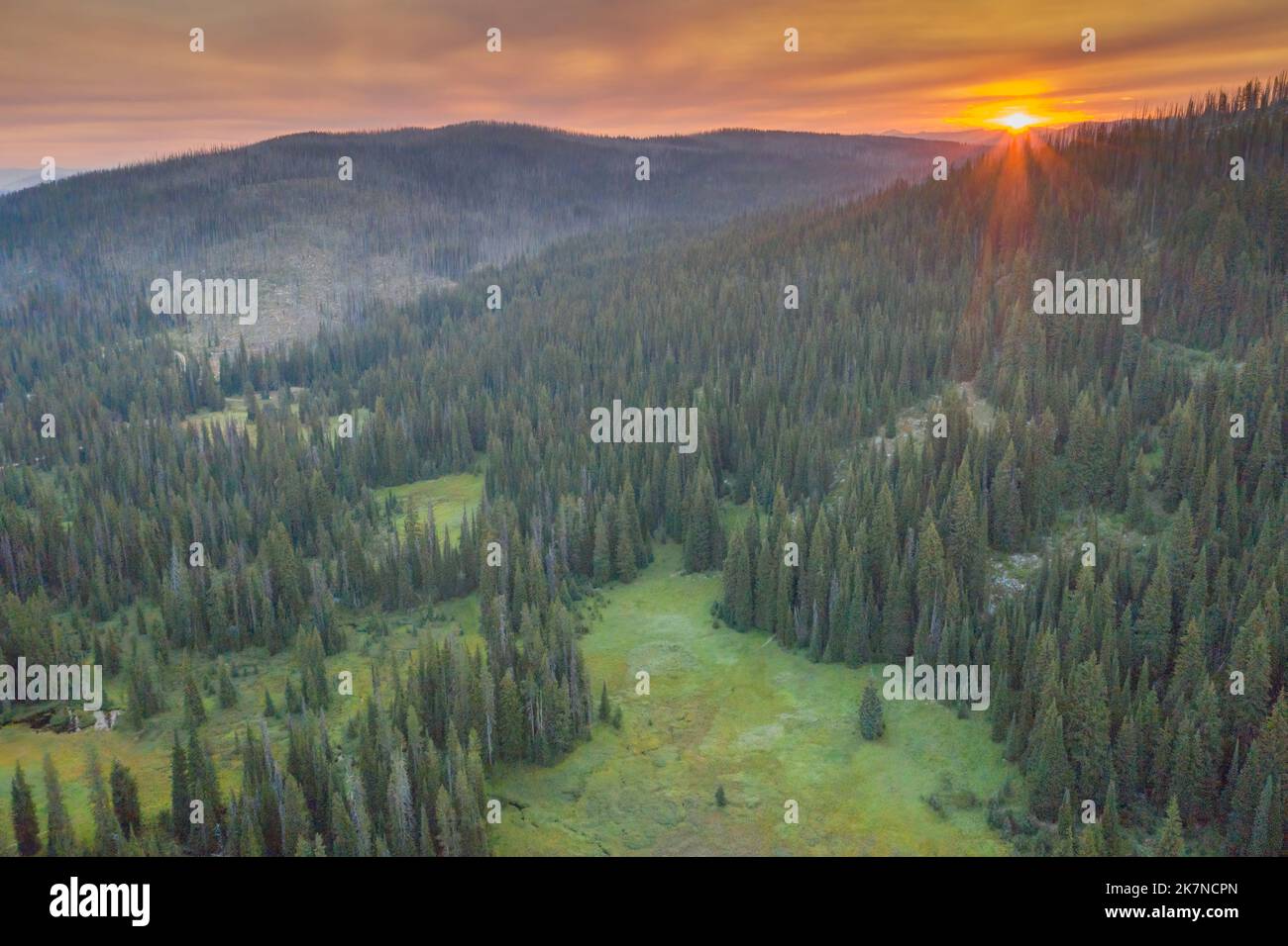Aerial of Sunrise over Elk Summit Meadow at Hoodoo Lake, Gateway to Selway-Bitterroot Wilderness, Clearwater National Forest, Idaho County, Powell, Id Stock Photo