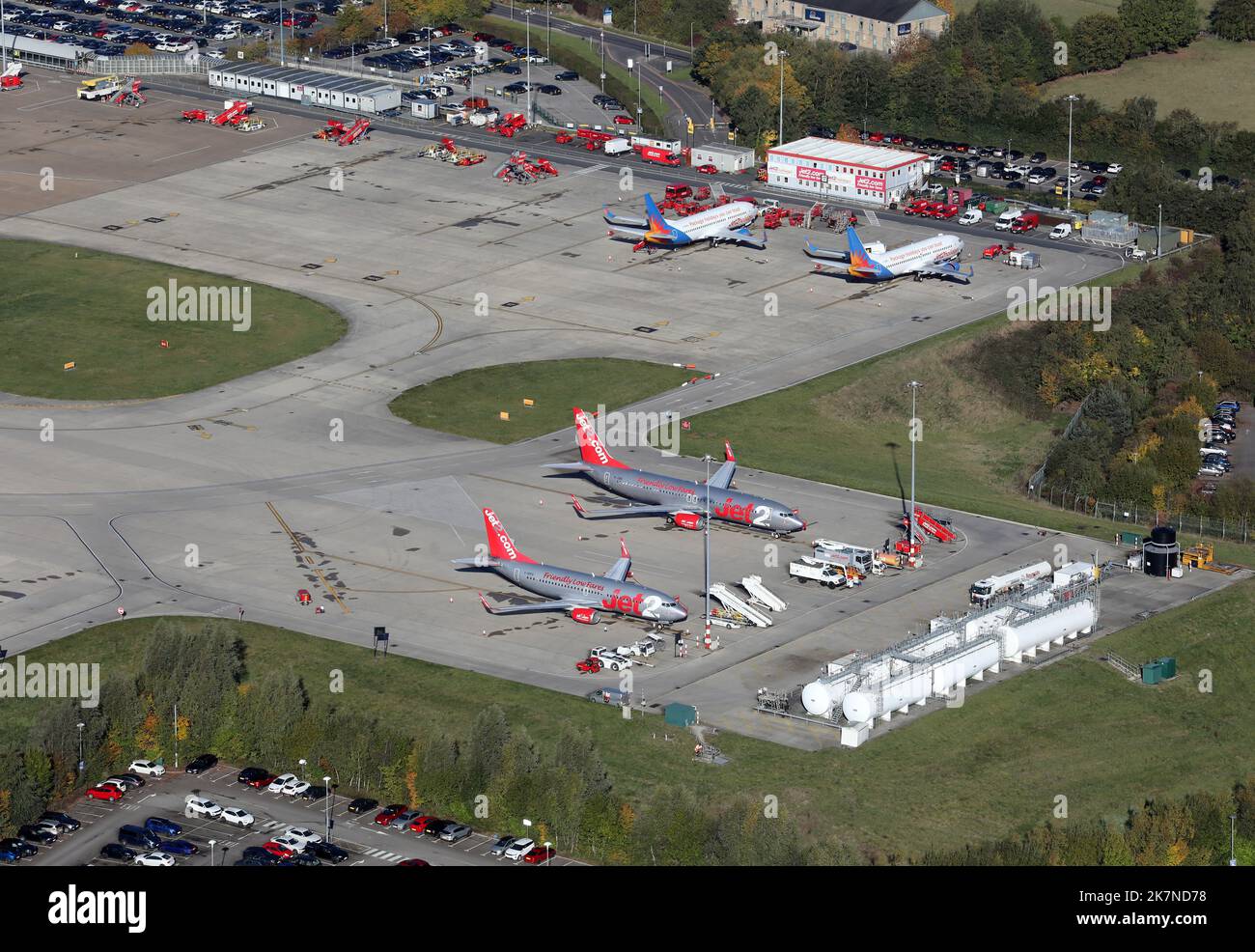aerial view of four Jet2 aircraft on the apron at Leeds Bradford International Airport, UK Stock Photo