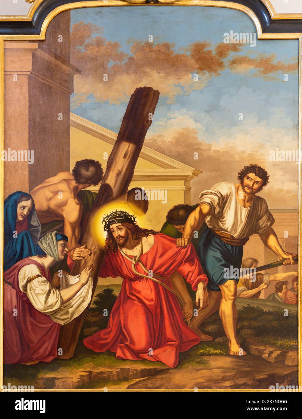 AOSTA, ITALY - JULY 14, 2018: The painting Veronica wipes the face of Jesus (part ot Via Crucis) in the church Cattedrale di Santa Maria Assunta Stock Photo