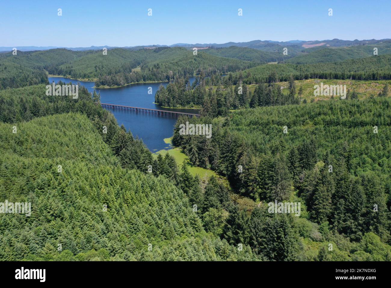 Three-mile Lake, Aerial of train trestle, Reedsport, Oregon, USA Stock Photo