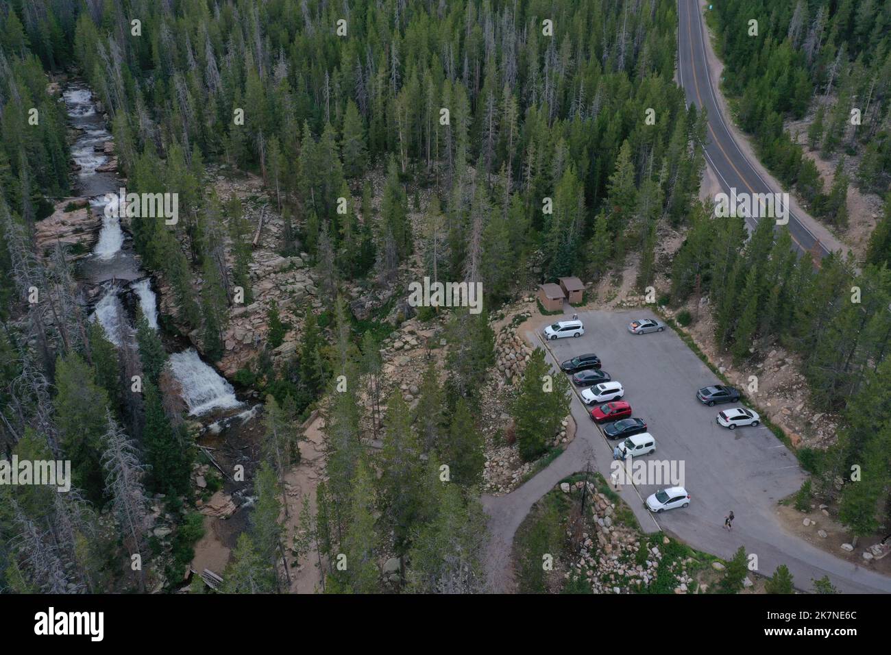 Aerial view of Provo River Falls and parking area, Mirror Lake Highway