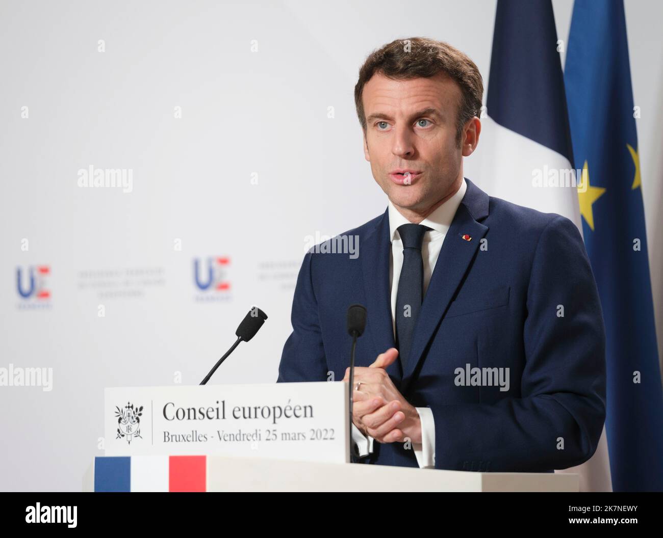 Belgium, Brussels: President of the French Republic Emmanuel Macron at the end of the European Council on 2022/03/25 Stock Photo