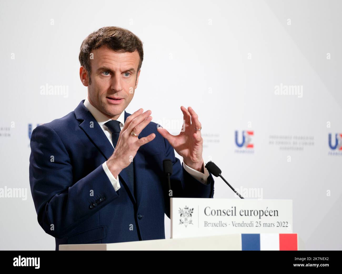 Belgium, Brussels: President of the French Republic Emmanuel Macron at the end of the European Council on 2022/03/25 Stock Photo