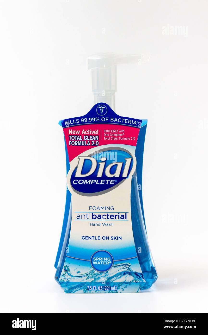 ST. PAUL, MN, USA - APRIL 5, 2021: Dial Complete liquid hand soap container and trademark logo. Stock Photo