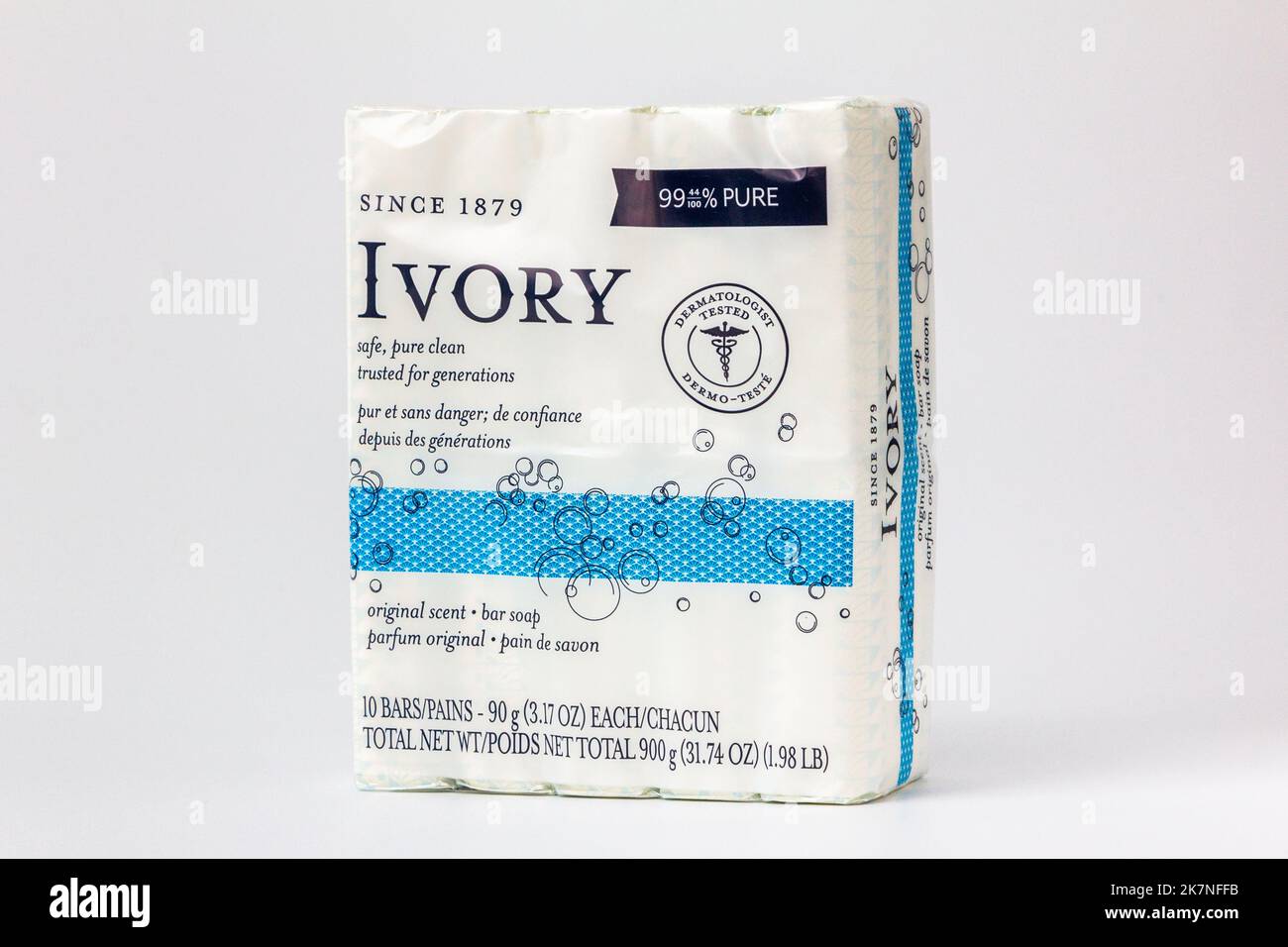 ST. PAUL, MN, USA - APRIL 3, 2021: Ivory Soap bars package and trademark logo. Stock Photo