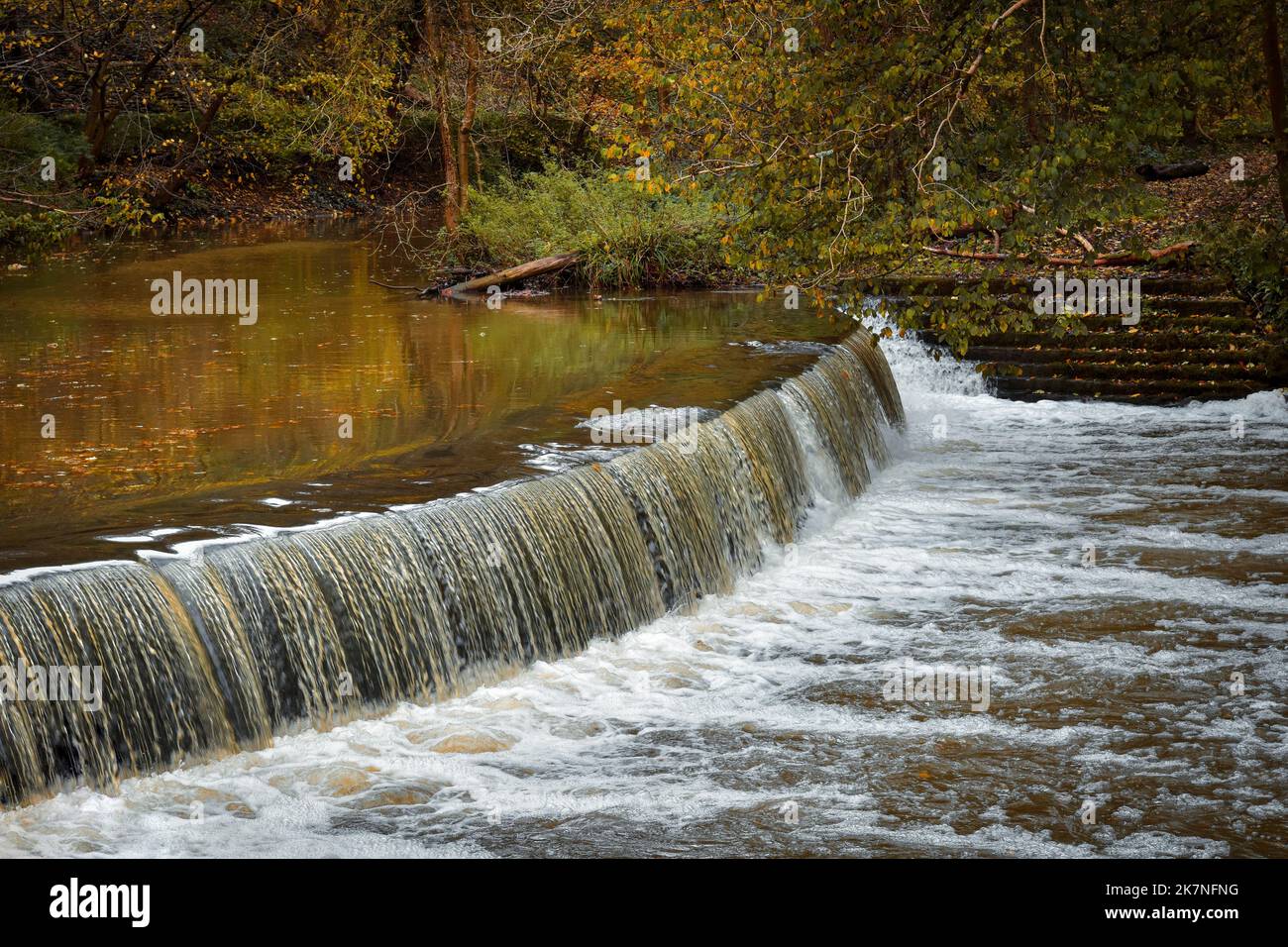 Autumn scene at Vassells Park, Oldbury Court Estate, Bristol, UK and the River Frome and weir Stock Photo