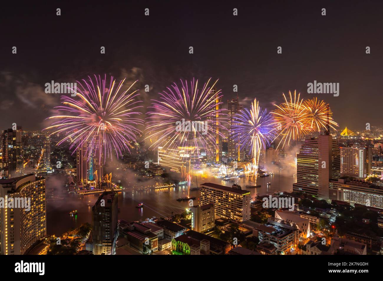 Bangkok Thailand, Fireworks countdown display celebration, Colorful New Year Firework Stock