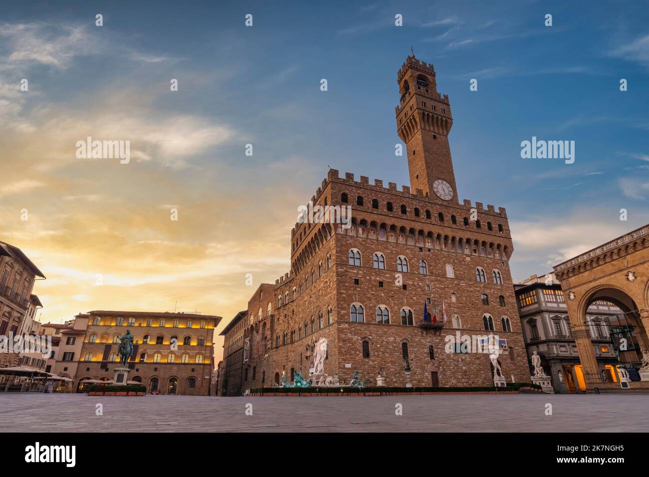 Florence Italy, sunrise city skyline at Signoria square and Palazzo Vecchio Stock Photo