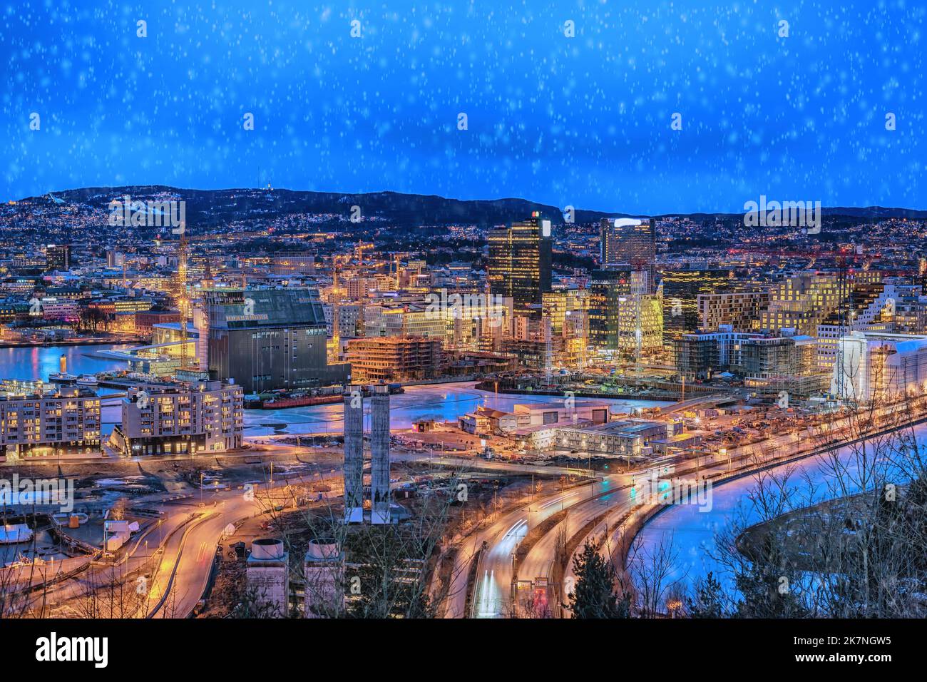 Oslo Norway, night city skyline at business district and Barcode Project Stock Photo